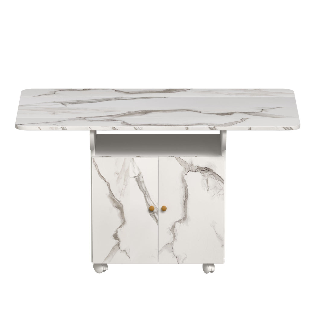 Versatile Marble Folding Dining Table With Storage Rack And Cabinet, 6 Wheels - White