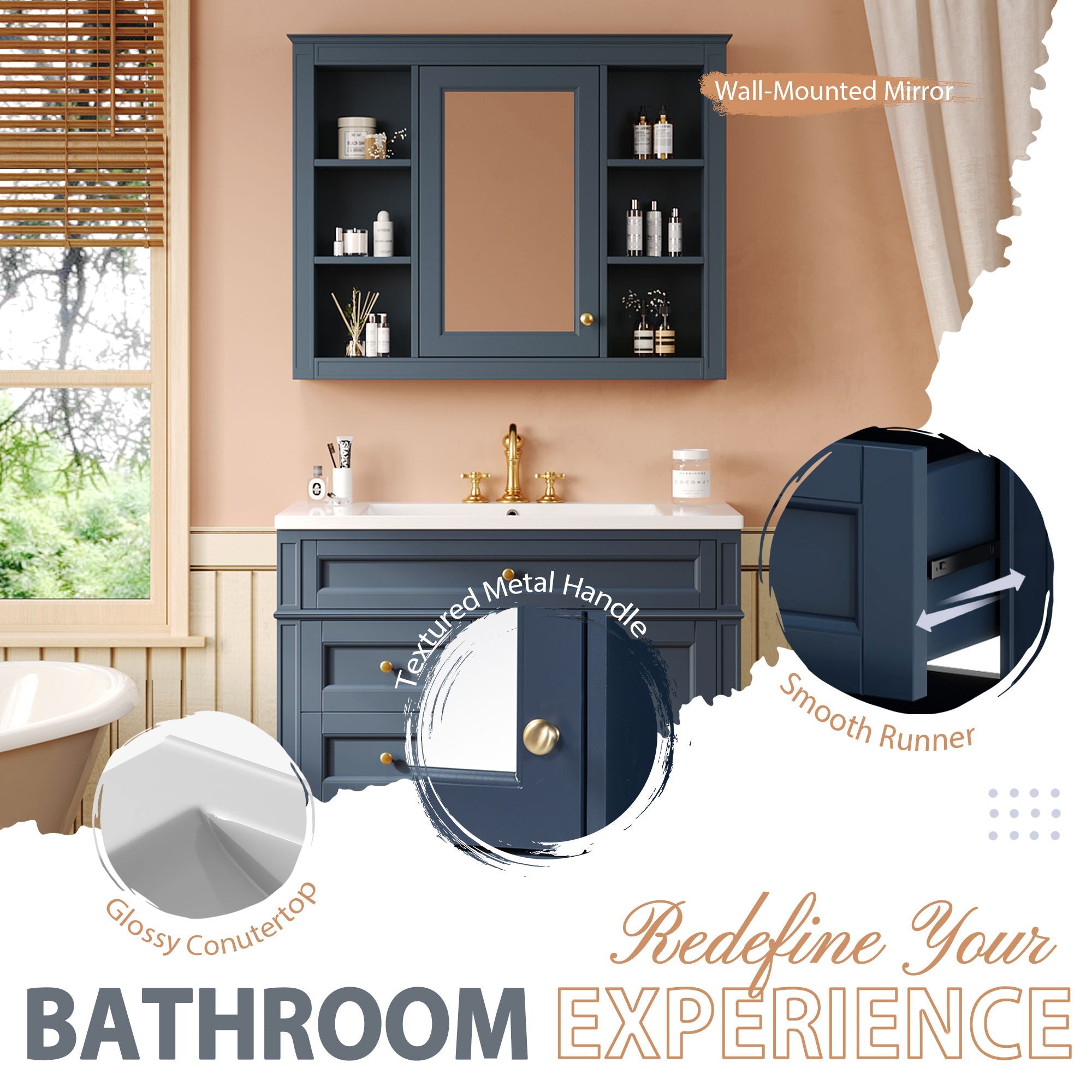 Bathroom Vanity With Mirror Cabinet, Single Sink With 2 Soft Closing Doors And 4 Drawers