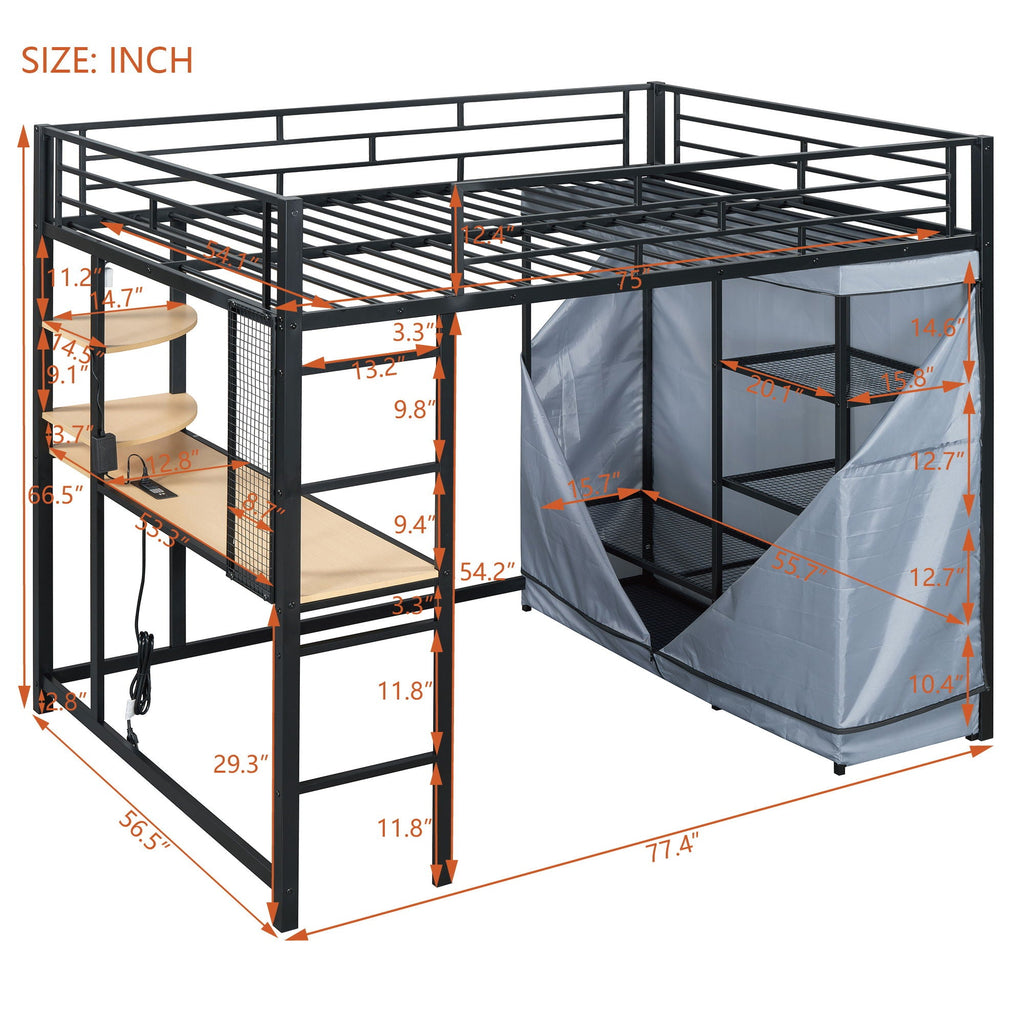 Loft Bed With Desk, Shelves, Power Outlet, LED Light And Wardrobe