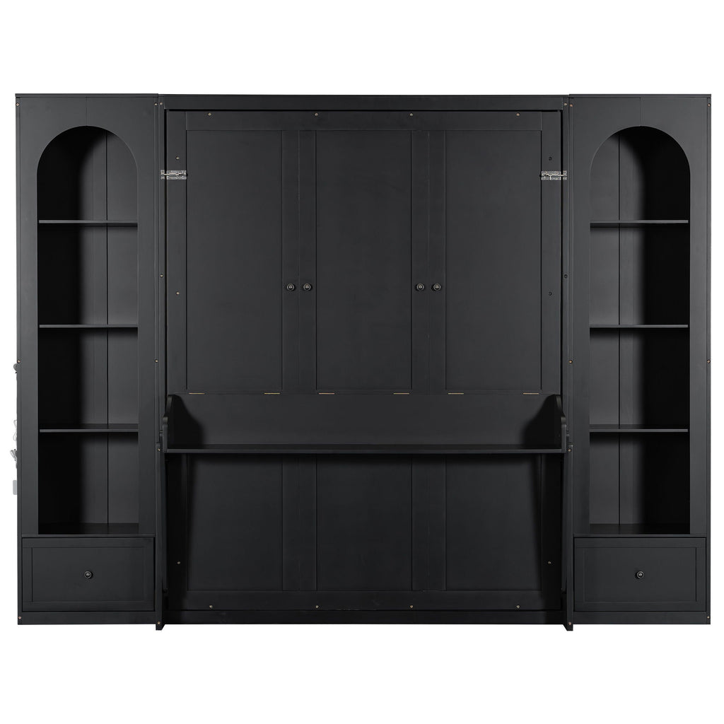 French Style Murphy Platform Bed With Shelf, Side Cabinets, Drawers And LED