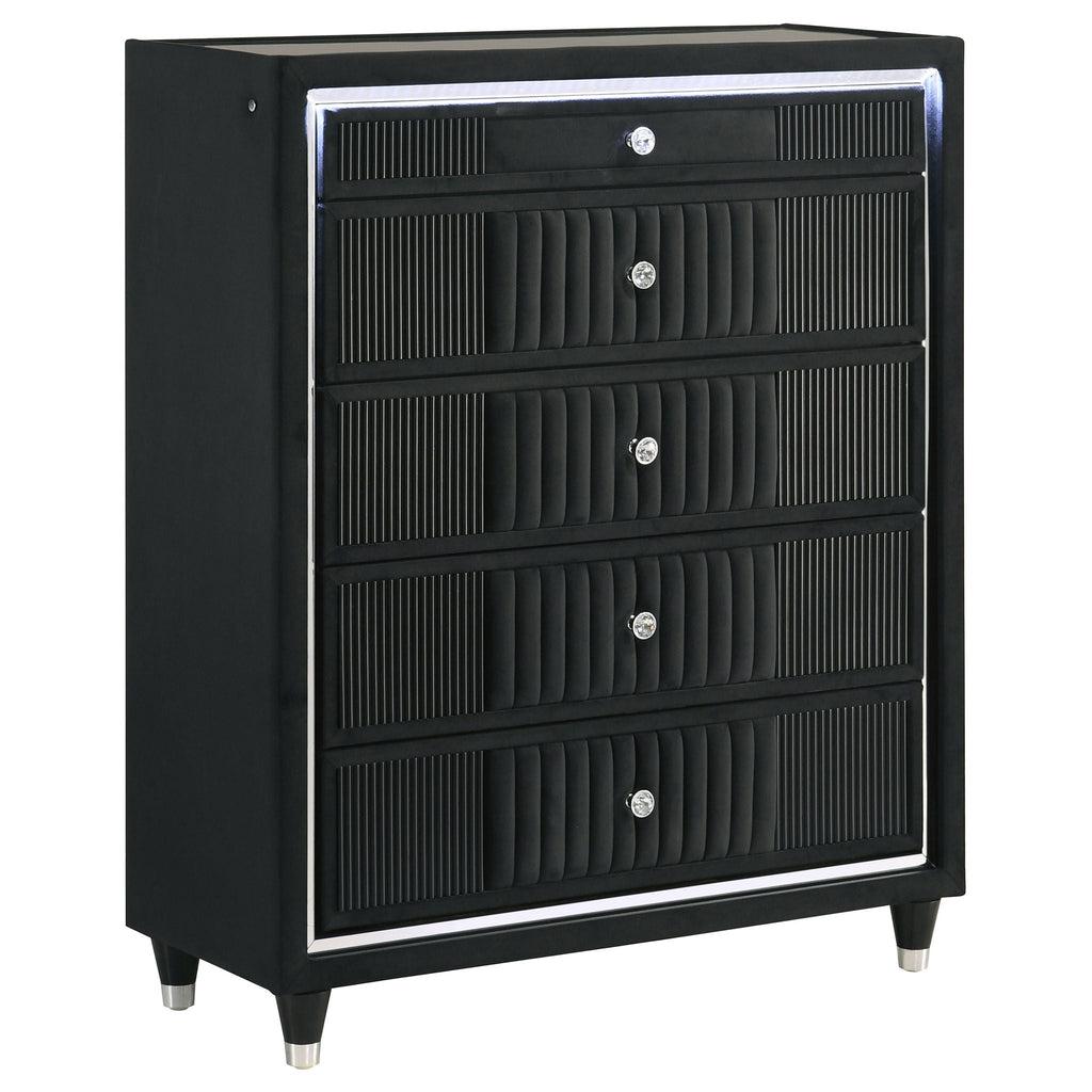 Ravenne 5-drawer Velvet Upholstered LED Chest of Drawers Black