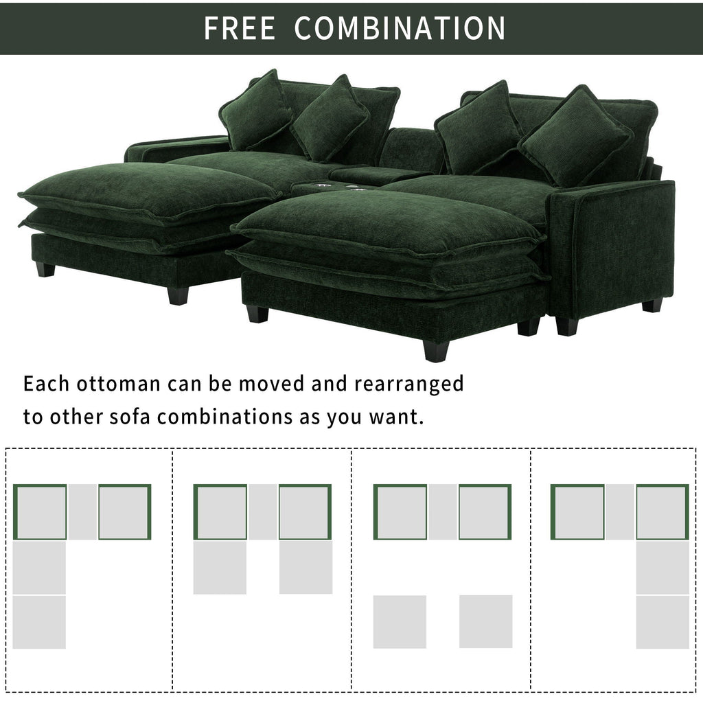 Sectional Sofa Upholstered Sofa With Two Removable Ottoman, Two USB Ports, Two Cup Holders And Large Storage Box For Living Room