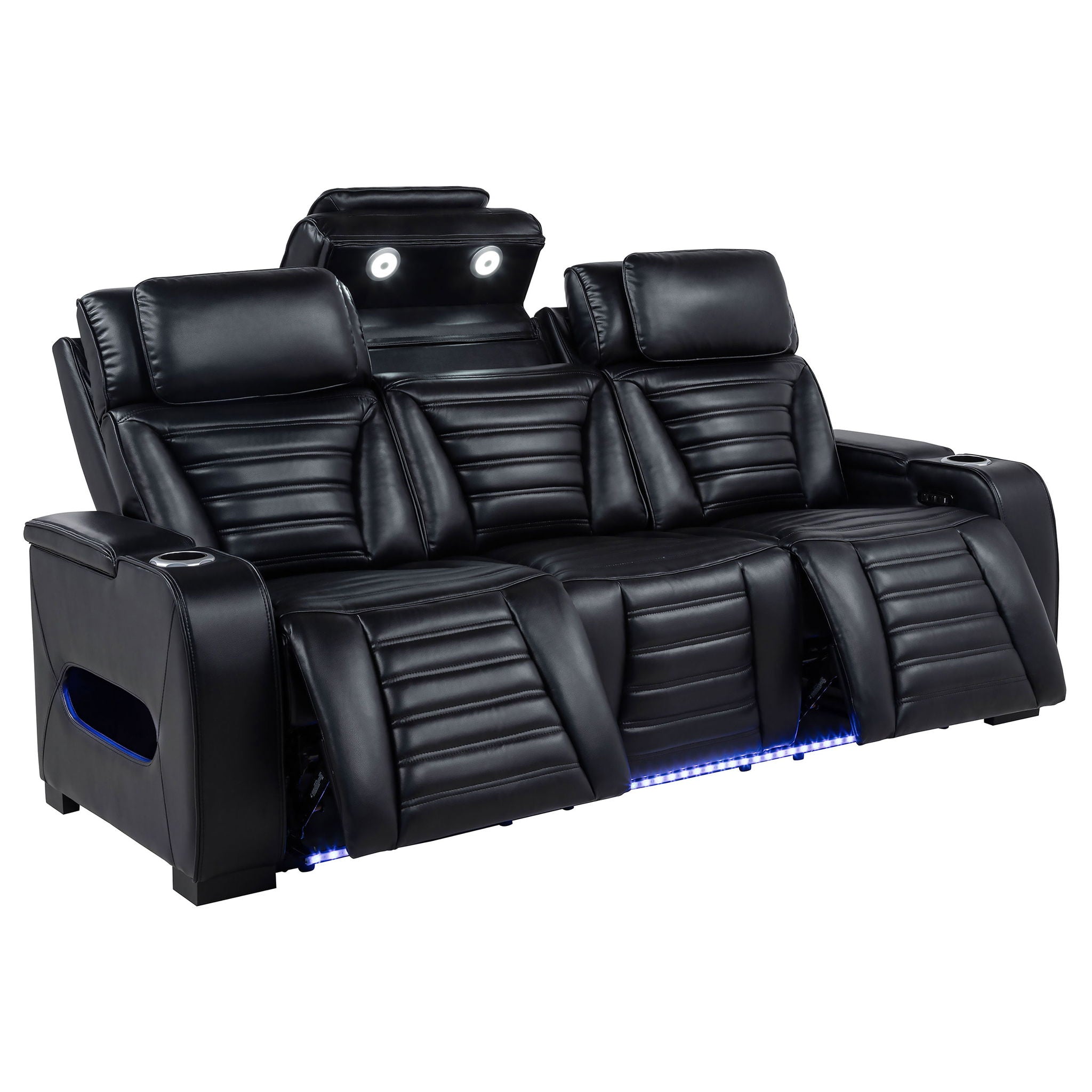 Zuma Faux Leather Dual Power Reclining LED Sofa Black