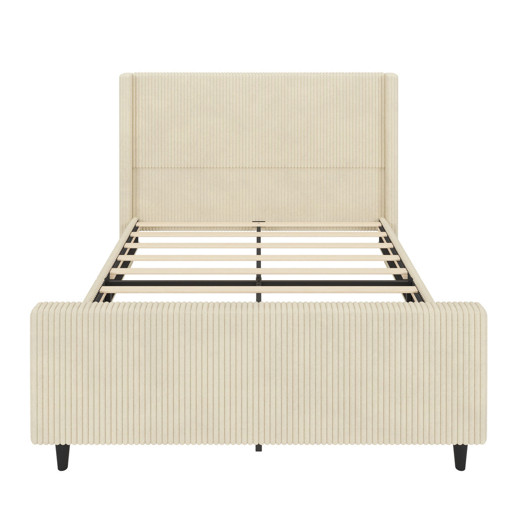 Upholstered Bed Frame With Vertical Stripe Wingback And High Footboard