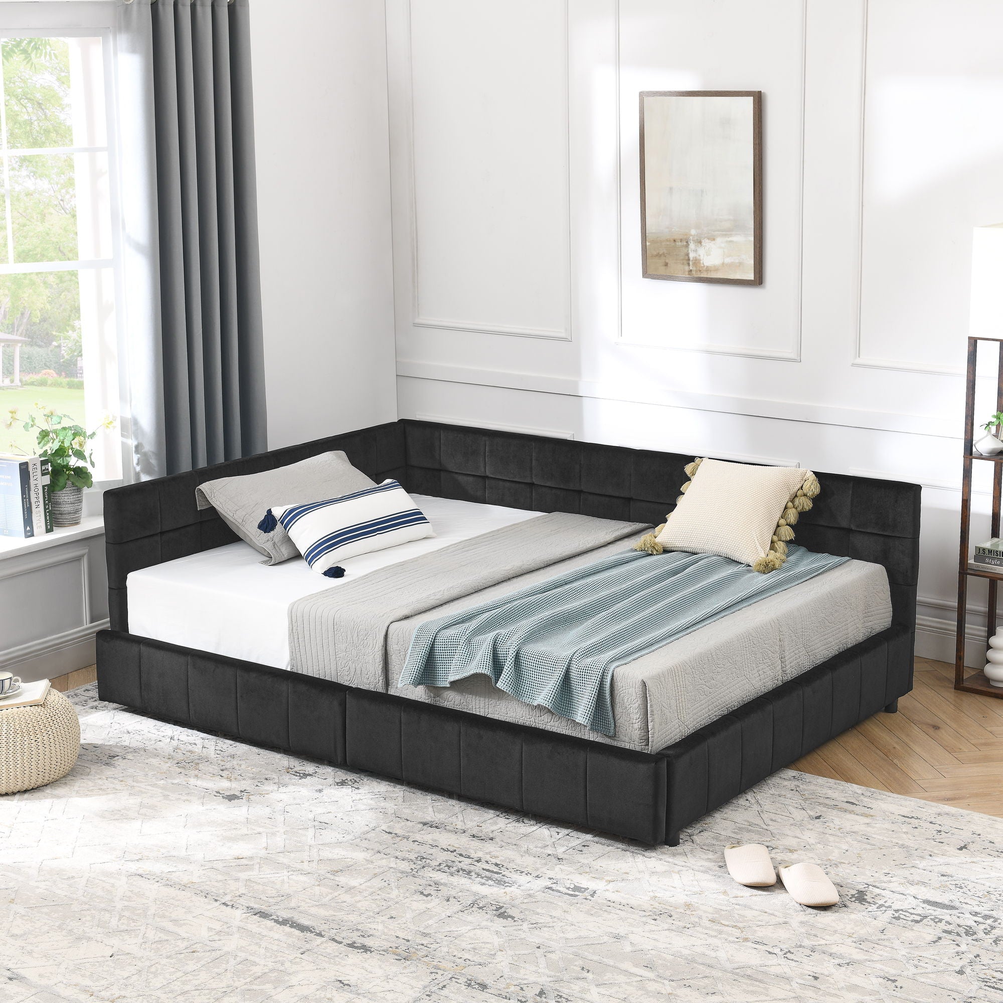Mid-Century Storage Upholstered Tufted Bed Frame With Backrest And Armrests