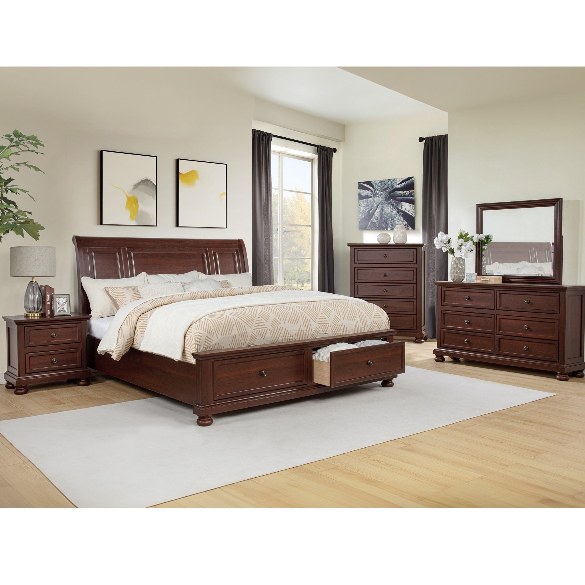 1 Piece Tall Chest, 5 Drawer Storage Bedroom Furniture - Brown / Cherry