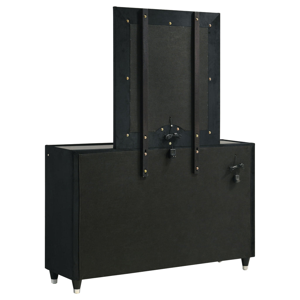 Ravenne 6-drawer Velvet Upholstered LED Dresser and Mirror Black