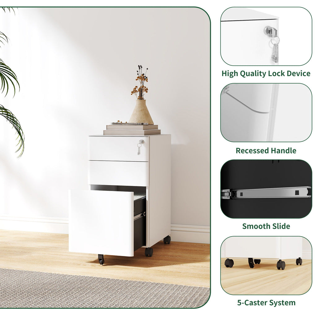 3-Drawer Mobile File Cabinet With Lock, On Wheels, Two Shallow & One Deep Drawer For Office/Home, Fully Assembled - White